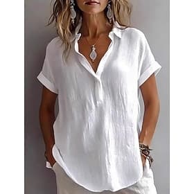Damen Bluse Einfarbig Vintage Stilvoll Klassisch Kurzarm V Ausschnitt Normale Oberteile Lässig Täglich Weiß Sommer Frühling