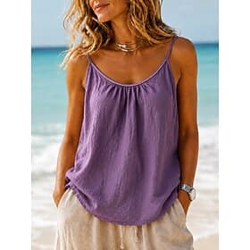 Women's Camisole Tank Top Ruched Solid Color Vacation Sleeveless Scoop Neck Regular Tops Casual Earthy yellow Black White Light Green Purple Summer Spring