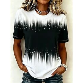 Women's T Shirt Print Graphic Geometric Striped Vintage Stylish Classic Short Sleeve Crew Neck Round Neck Long Tops Casual Daily Black and White Gray / White R