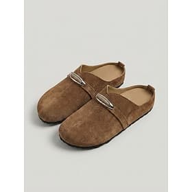Mules kaki pour femme en imitation daim - sabots plats souples avec détail métallique, chaussures décontractées légères et antidérapantes pour la marche et les