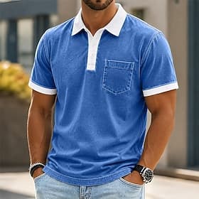 SoftFade™ Men's Polo Shirts 100% Cotton Acid Wash Shirt Casual Vacation Lapel Short Sleeve Fashion Basic Plain Color Block Distressed Summer Spring Light Green