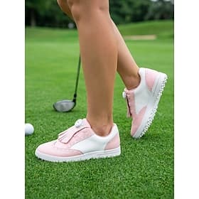 Women's Pink White Luxury Spikeless Golf Shoes – Color Block Anti-Slip Golf Sneakers with Dial Closure Fringe for Walking, Training Country Club Wear