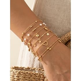 Ensemble de bracelets empilables pour femme, composé de 6 bracelets à breloques superposés, couleur or et argent, ornés de perles en forme de cœur et d'étoile,