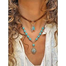 Women's Bohemian Layered Necklace with Turquoise Beads, Silver Chain, Feather Flower Pendant, Faux Suede Strap, Casual and Vacation