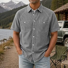 Men's Shirt Casual Shirt Work Shirt Garment Dyed Acid Wash Shirt Black Light Green Purple khaki Military Green Short Sleeve Plain Shirt Collar Casual Daily Fro