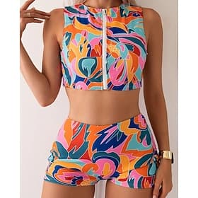 Women's Bathing Suit 2 Pieces Swimsuits Abstract Printed Zip Up with Boy Shorts UV Protection Lightweight Comfortable Sleeveless Swimwear Surfing Beach Swimmin