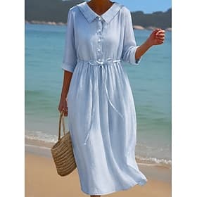 Women's Midi Dress Shirt Dress Casual Dress Summer Dress Basic Classic Daily Vacation Regular Fit Plain Half Sleeve Shirt Collar White Light Green Pink Orange