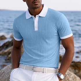 Men's Textured Golf Shirt Casual Work Ribbed Polo Collar Classic Short Sleeve Basic Modern Color Block Color Block Spring Summer Summer Regular Fit Blue White