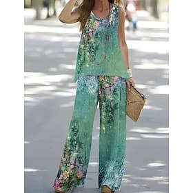 Femmes Ensembles deux pièces Ensembles de Pantalons Sans manches Col en U Fleuri Graphique Vacances Quotidien Occasionnel Quotidien Fête Bleu Blanche Vert Été