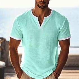Men's Linen T-Shirt Short Sleeve V Neck Spring Summer Summer Spring Solid Color Plain Vintage Bohemian Casual Color Block Fake two piece Plain Casual Vacation