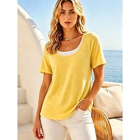 Women's T Shirt Solid Color Stylish Basic Casual Short Sleeve Crew Neck Regular Tops Casual Daily Yellow Green Summer Spring
