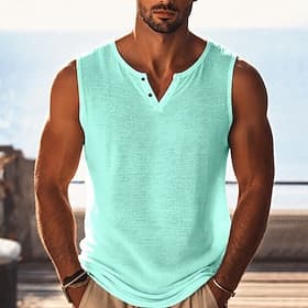 Men's Linen Tank Top Sleeveless Shirt Wife beater Shirt Sleeveless V Neck Henley Summer Plain Fashion Basic Bohemian Slim Soft Casual Beach Vacation Black Purp