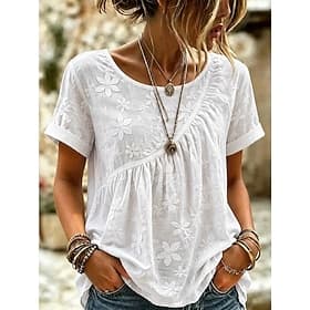 Women's T Shirt Embroidered Floral Graphic Fashion Short Sleeve Crew Neck Long Tops Casual Beach White Summer Spring