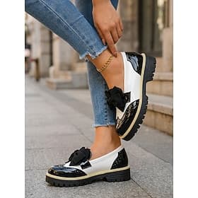 Women's Retro Black White Oxford Loafers - Classic Brogue Shoes with Bow Detail Chunky Sole for Daily Office, School Casual Walking