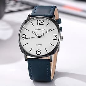 Men's Watch Minimalist Quartz Wristwatch with Blue Leather Strap Square Black Case White Dial Large Arabic Numerals Simple Casual Fashion Business Dress Watch
