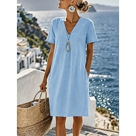 Robe en coton et lin pour femme, longueur genou, robe droite, robe d'été, coupe ample et décontractée, manches courtes, col en V, bleu, jaune, vert, été, print