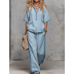 Women's Pants Sets Half Sleeve Crew Neck Solid Color Fashion Streetwear Casual Daily Vacation Blue Khaki Pink Summer Loose Fit