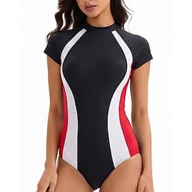 Women's Rash guard Swimsuit Bathing Suit Athletic Swimwear Geometric Patchwork Brief Leg UV Sun Protection Quick Dry High Elasticity Short Sleeve Swimwear Swim