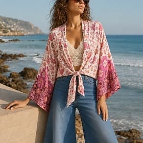 Bohemian Boho 1970s Crop Top Long Sleeves Hippie Floral Fancy Dress Women's Casual Beach Music Festival Adults' Top Summer