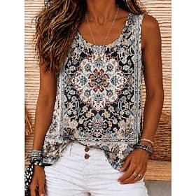 Women's Cold Shoulder Tops Bohemia Vintage Tropical Sleeveless Crew Neck Round Neck Long Tops Casual Black 1# Black 2# Red Summer Spring