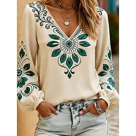 Women's Shirt Print Floral Graphic Bohemia Vacation Vintage Long Sleeve Lantern Sleeve V Neck Regular Tops Casual Daily Holiday Pink Beige Summer Spring