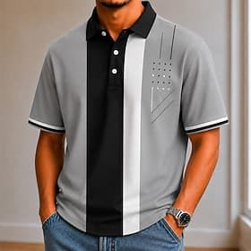 Men's Stripes Bowling Shirt Polo Shirts Short Sleeve Polo Shirts Collared Shirts Casual School Athleisure Wear to work Holiday 3D Print Buttons Breathable Mesh