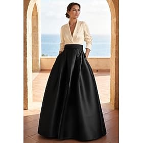 A-Linie Bodenlang Abendkleid Ballkleid Festliche Kleidung Elegant Party Farbblock Langarm V Ausschnitt Hochzeit Schwarze Krawatte Herbsthochzeitsgast Satin Str