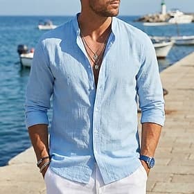 Men's Shirt Summer Shirt Beach Wear Button Up Shirt Plain Casual Daily Blue Black White Pink Long Sleeve Band Collar Spring Summer Summer Clothing Apparel Pla