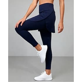 Women's Yoga Legging with Skirts Pilates Pants Workout Pants 2 in 1 Seamless Gym Workout Running Fitness Pants Solid Color Navy Blue Sports Activewear Stretchy
