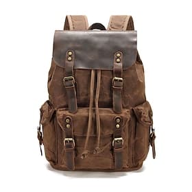 Vintage rugzak van gewaxt canvas voor dames en heren, grote retro schoolrugzak met leren afwerking, waterdichte laptoptas voor school, wandelen, kamperen en da