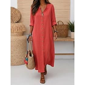 Women's Vintage Long Sleeve V Neck Slant Pocket Button Front Linen Maxi Dress Red Light Blue Summer