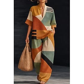 Women's Tracksuit Office Suit Pants Sets Sleeveless Half Sleeve V Neck Floral Geometric Print Elegant Vacation Vintage Casual Daily Indoor Pink Orange Green Sp