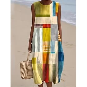 Damen Midikleid Shiftkleid Sommerkleid A Linie Kleid Urlaub Lässig Boho Strand Ausgehen Lässiger Schnitt Grafik Geometrisch Abstrakt Ärmellos Rundhalsausschnit