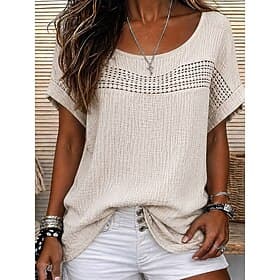 Women's Blouse Lace Solid Color Vintage Stylish Casual Short Sleeve Crew Neck Regular Tops Casual Daily Blue Black Beige Summer Spring