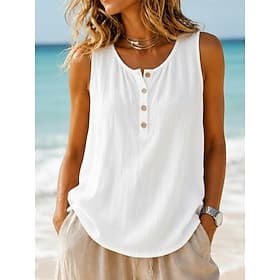 Women's Vintage Cotton Linen Vest Texture Buttons Solid Color Sleeveless Crew Neck Regular Tops White Green Light Blue Summer Spring