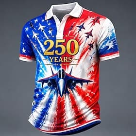 4th of July 2026 250th Men's American US Flag Polo Shirts Short Sleeve Polo Shirts Lapel Casual Athleisure 3D Print Buttons Breathable Mesh Spring Summer Blue
