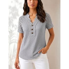 Women's T Shirt Lace Graphic Plain Vintage Stylish Casual Short Sleeve V Neck Regular Tops Crop Tops Casual Daily Pink Green Dark Gray Gray Summer Spring