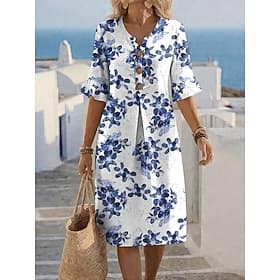 Damen Knielanges Kleid Freizeitkleid A Linie Kleid Elegant Urlaub Stilvoll Strand Ferien Normale Passform Blumen Grafik Kurzarm V Ausschnitt Blau Königliches B