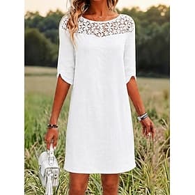 Women's Knee Length Dress Lace Dress White Dress Elegant Fashion Beach Vacation Holiday Regular Fit Plain Half Sleeve Crew Neck White Summer Spring