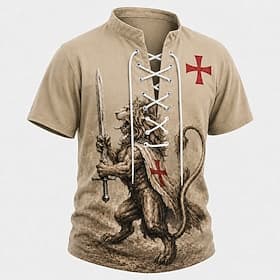Men's Lion Cross Henley Shirt T shirt Tee Short Sleeve T shirt 3D Print Lace Up Neck Henley Shirt Religious Daily Festival Black Khaki Dark Blue Spring Summer