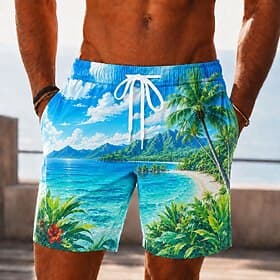 Voor heren Kokosnootboom Tropische planten Oceaangolven Lange zwembroeken Badpakken Zwembroeken Boardshorts Medium Taille Hawaii Dagelijks Strandvakantie Zijza