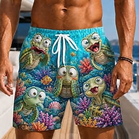 Herren Tiermotiv Schildplatt Korallenrot Badehosen Badeanzüge Badeshorts Boardshorts Mittlere Taille Hawaiianisch Täglich Strandurlaub Seitentaschen Netzfutter