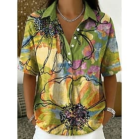 Women's Shirt Floral Graphic art Vintage Stylish Short Sleeve Turndown Long Tops Casual Daily Holiday Green Summer Spring