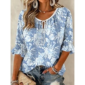 Women's Blouse Buttons Print Floral Graphic Vintage Daily Stylish Half Sleeve Crew Neck Regular Tops Casual Daily Blue Khaki Purple Green Summer Spring