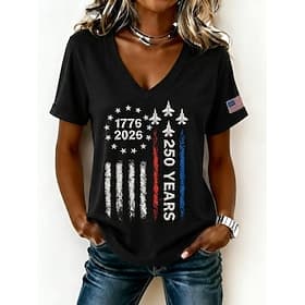 American Independence Day Women's T Shirt Print Graphic Letter American Flag Vintage Stylish Classic Short Sleeve V Neck Regular Tops Casual Daily Black White