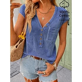 Chemise Softfade™ pour femme, 100 % coton lavé, froncée, unie, style vintage, manches courtes, col V, coupe classique, décontractée, idéale pour le quotidien e