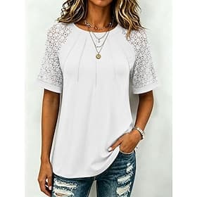 Women's T Shirt Tee Top Lace Plain Elegant Stylish Short Sleeve Raglan Sleeves Round Neck Long Tops Casual Daily Black White Wine Sky Blue Summer Spring
