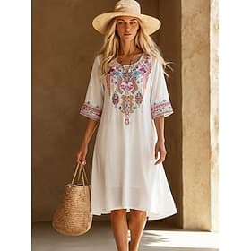 Valentine's Day Women's Midi Dress Boho Dress Cotton Dress Classic Daily Vacation Loose Fit Floral Half Sleeve Crew Neck White Summer