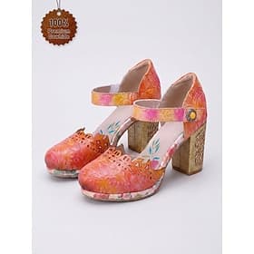 Women's Boho Genuine Leather Mary Janes - Vintage Floral Embossed Chunky Heel Shoes with Ankle Strap for Outdoor Resort, Country Holiday Travel