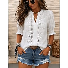 Women's Blouse Lace Embroidered Solid Color Vintage Stylish Casual Short Sleeve V Neck Regular Tops Casual Daily Blue White Pink Green Summer Spring